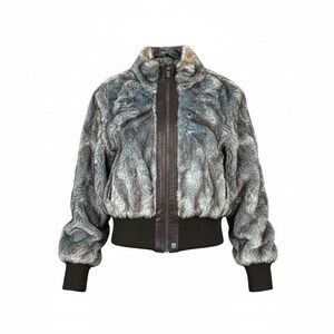 Vintage Y2K AZZURE Fur Bomber Jacket Blue Size M Faux Fur Leather Trim Zip Front